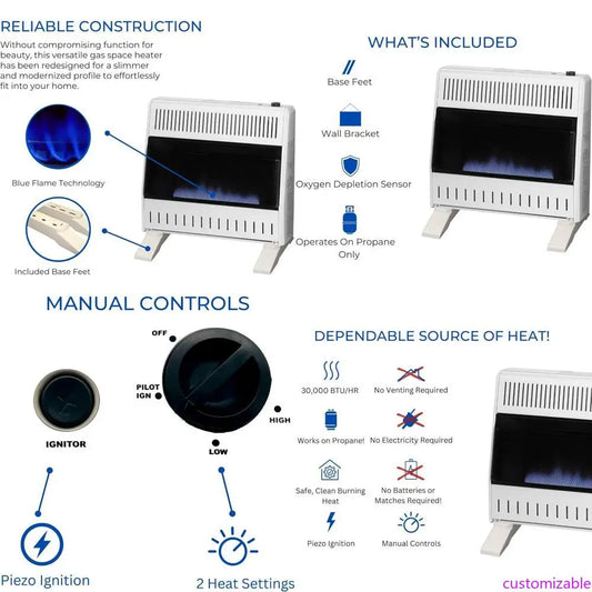 30,000 BTU Liquid Propane Blue Flame Heater, Ventless with Manual Control and Base Feet