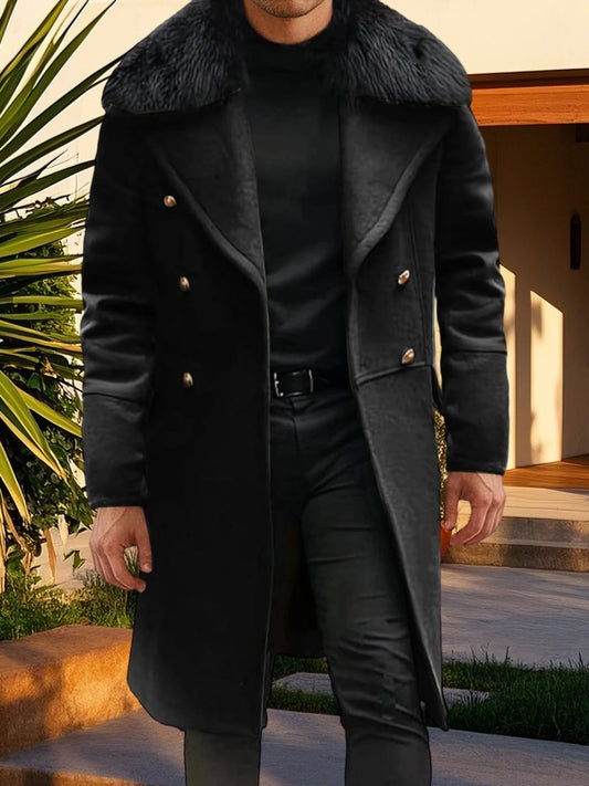 Men s Classic Double Breasted Trench Coat with Removable Fur Collar for Winter Warmth