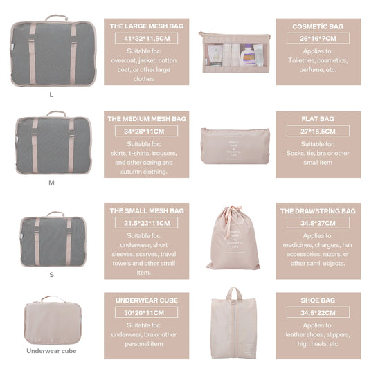 8 Set Waterproof Luggage Organizer Bags with Shoe Bag