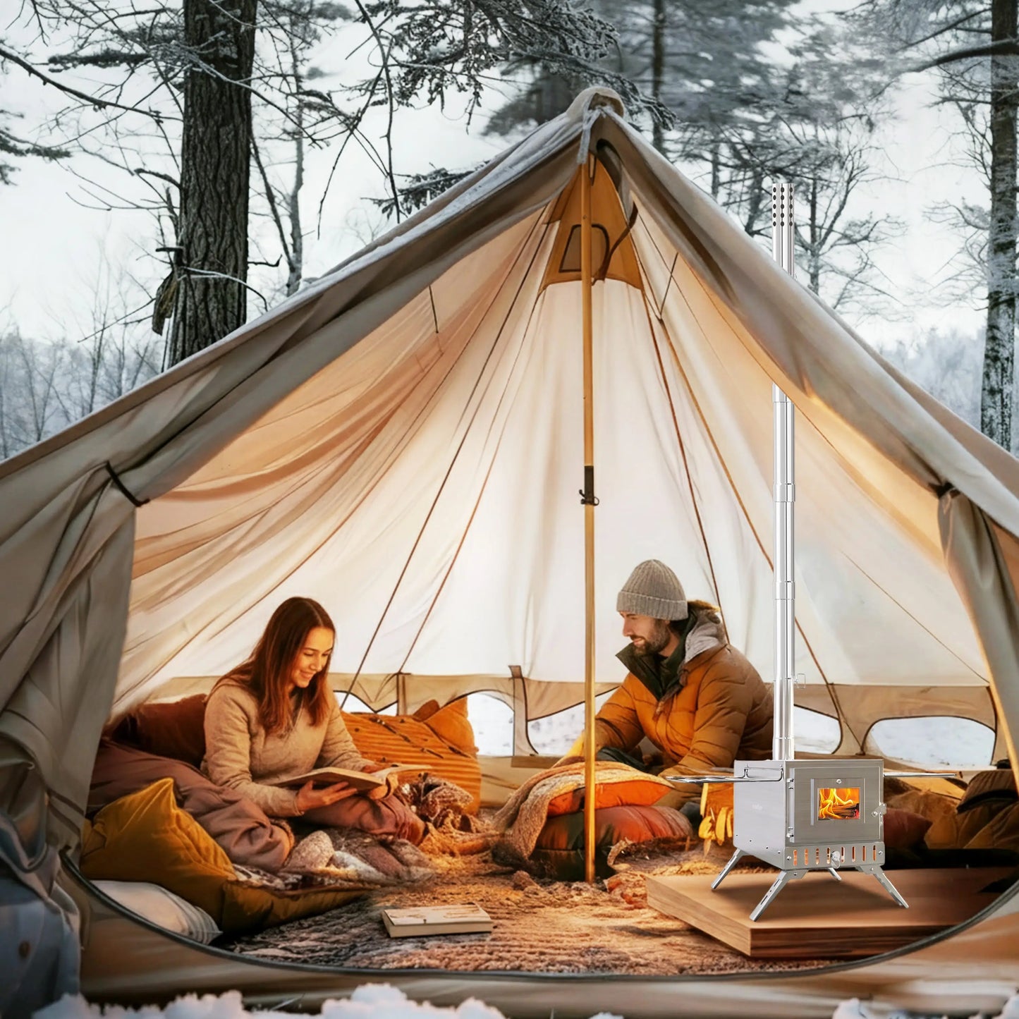 unho Tent Stove Portable Wood Stove Camping Stove Stainless Steel Wood Stove with 7 Tubes Outdoor Cooking and Garden Activities