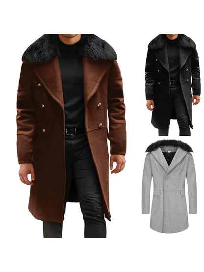 Men s Classic Double Breasted Trench Coat with Removable Fur Collar for Winter Warmth