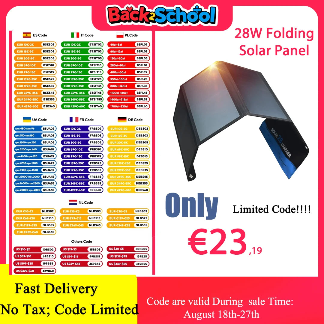 28W Folding Solar Panel 2 USB Ports Phone Charger