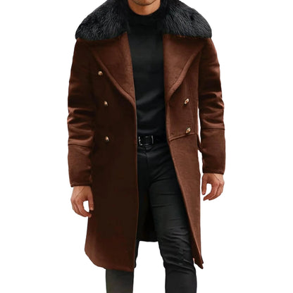 Men s Classic Double Breasted Trench Coat with Removable Fur Collar for Winter Warmth