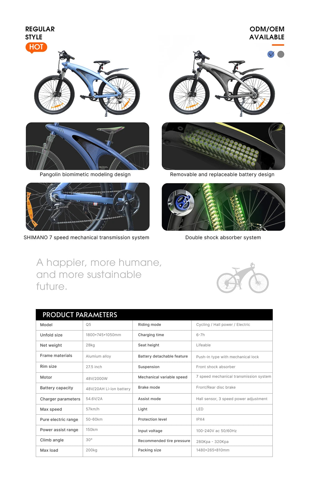 2000W Adults 27.5" Removable Battery Electric Mountain Ebike