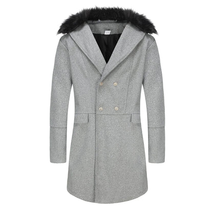 Men s Classic Double Breasted Trench Coat with Removable Fur Collar for Winter Warmth