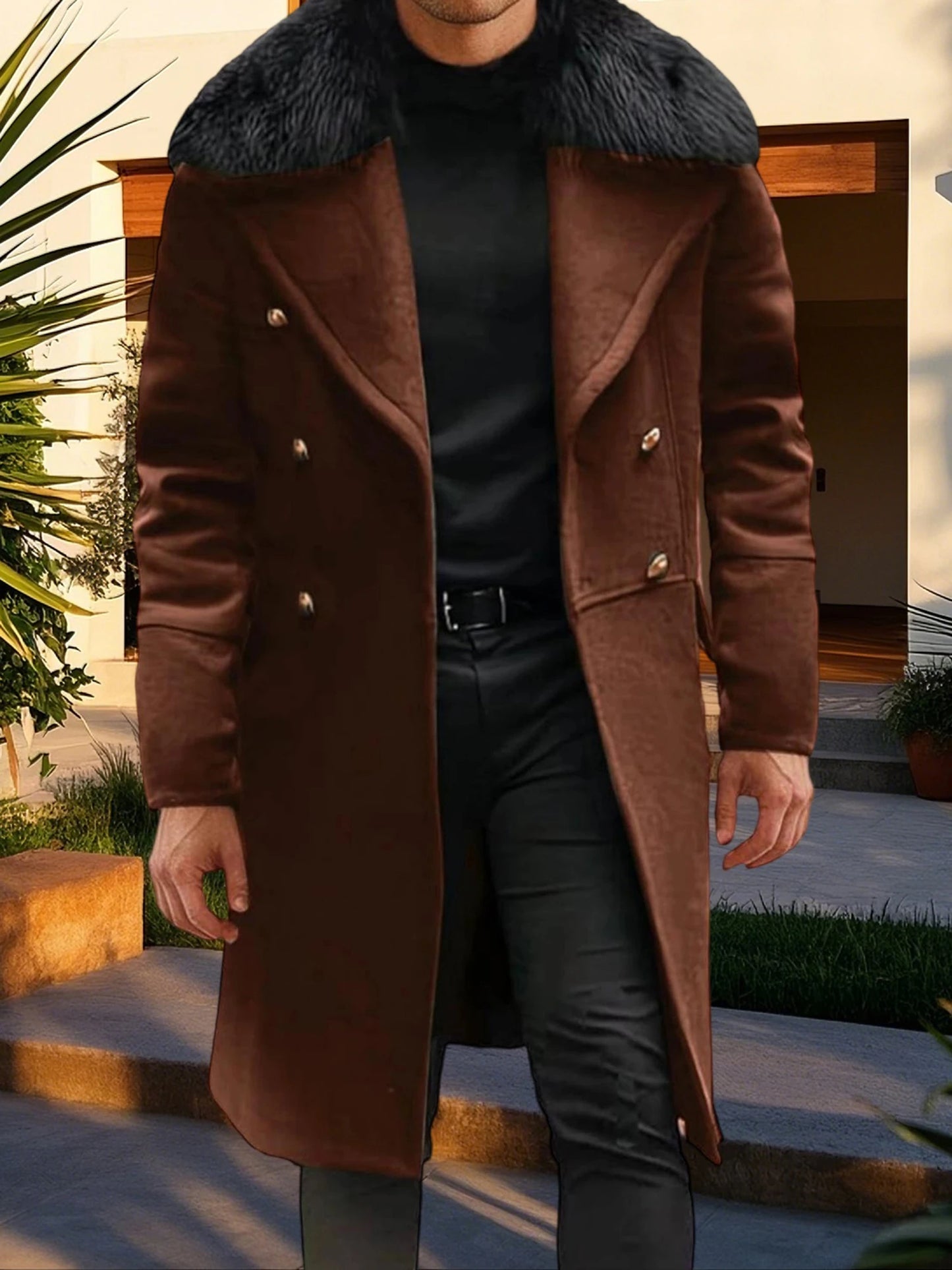 Men s Classic Double Breasted Trench Coat with Removable Fur Collar for Winter Warmth