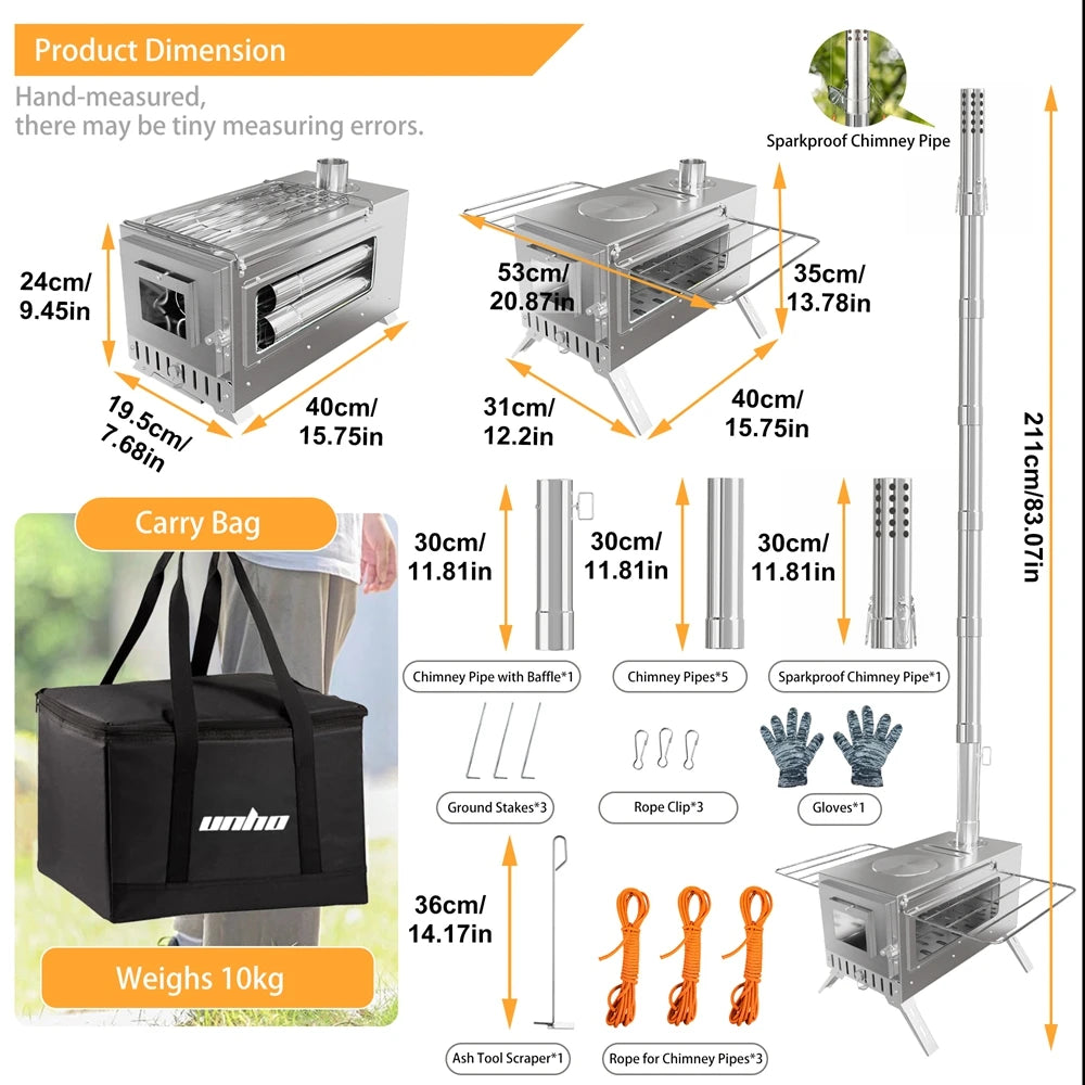 unho Tent Stove  Portable Wood Stove Camping Stove Stainless Steel Wood Stove with 7 Tubes Outdoor Cooking and Garden Activities