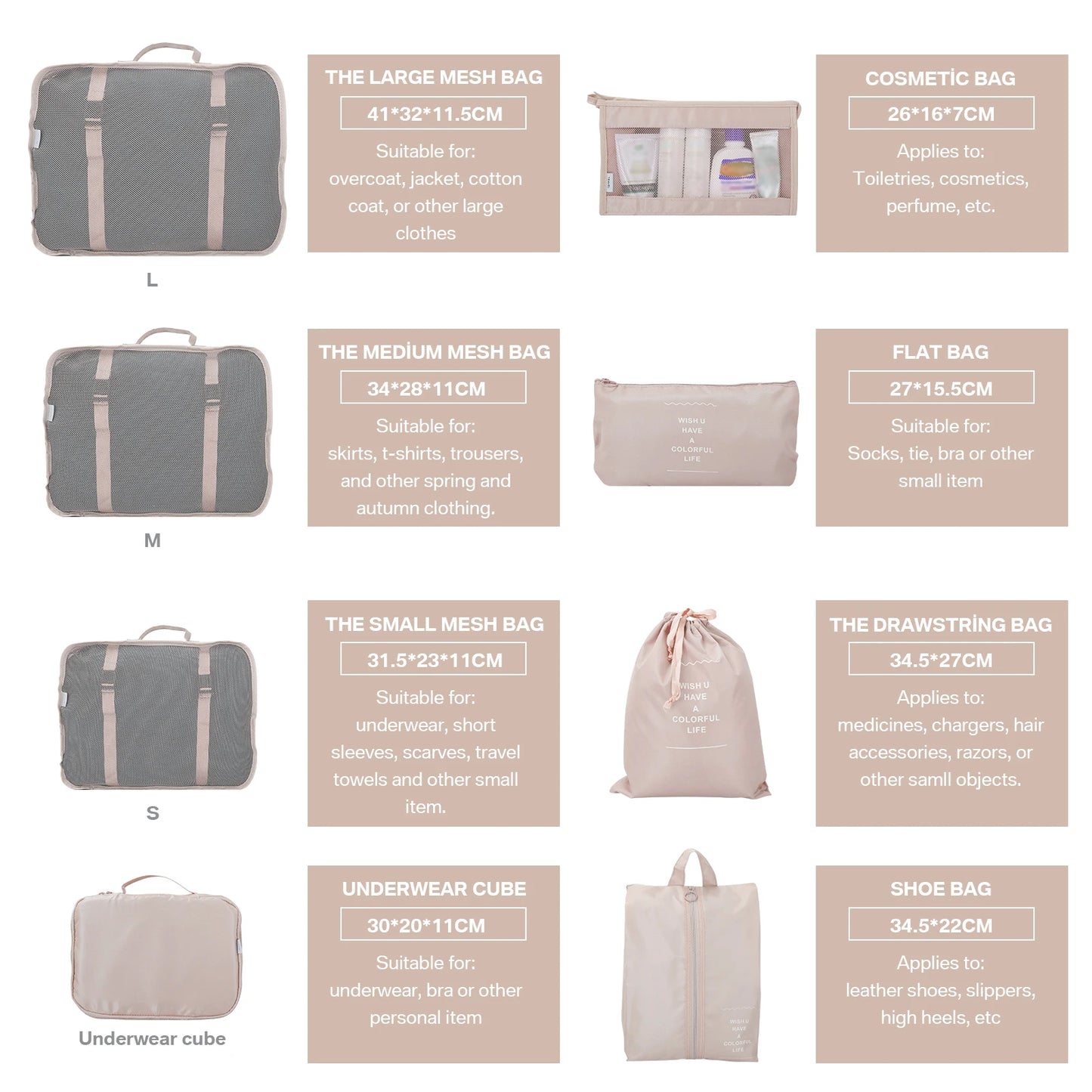 8 Set Waterproof Luggage Organizer Bags with Shoe Bag