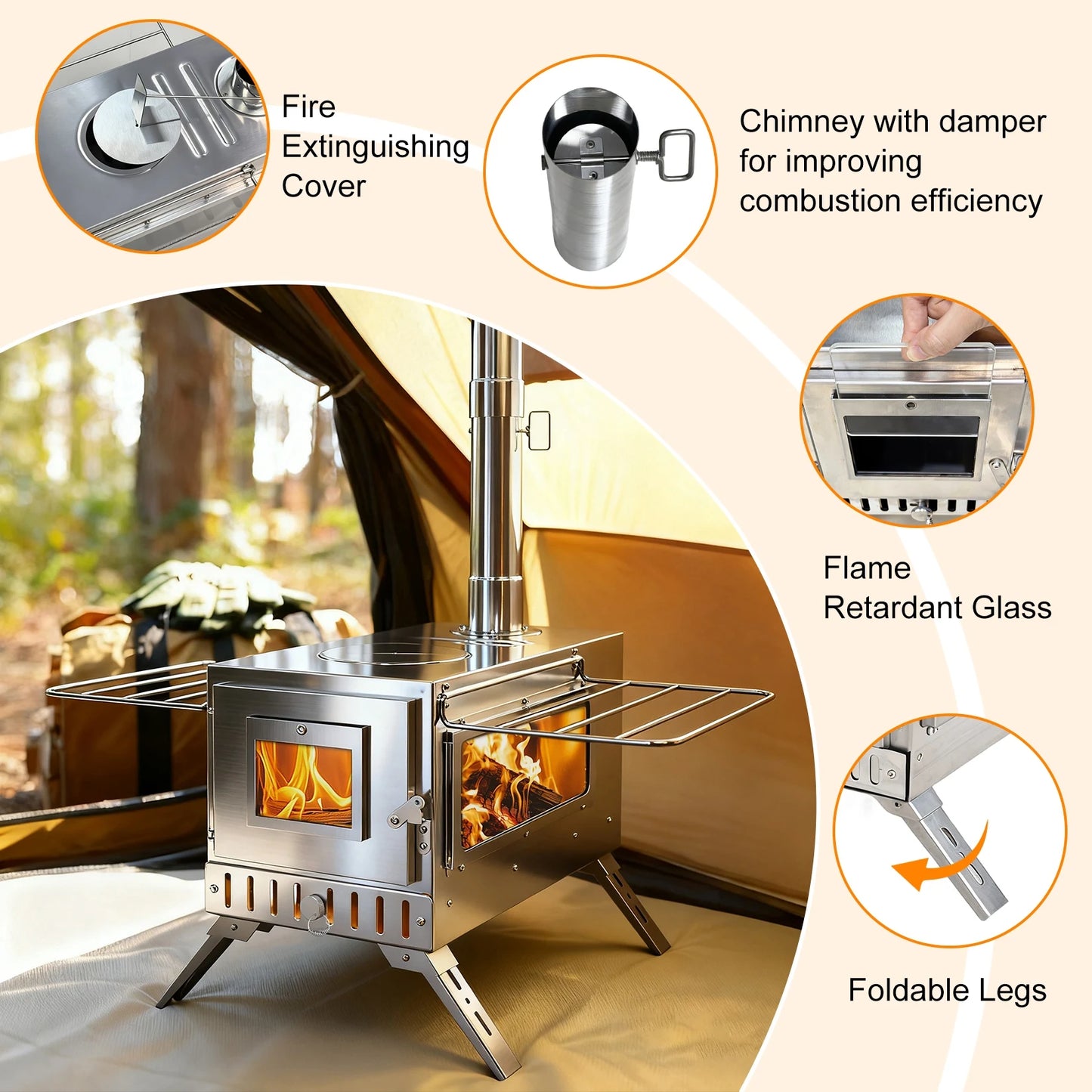 unho Tent Stove  Portable Wood Stove Camping Stove Stainless Steel Wood Stove with 7 Tubes Outdoor Cooking and Garden Activities