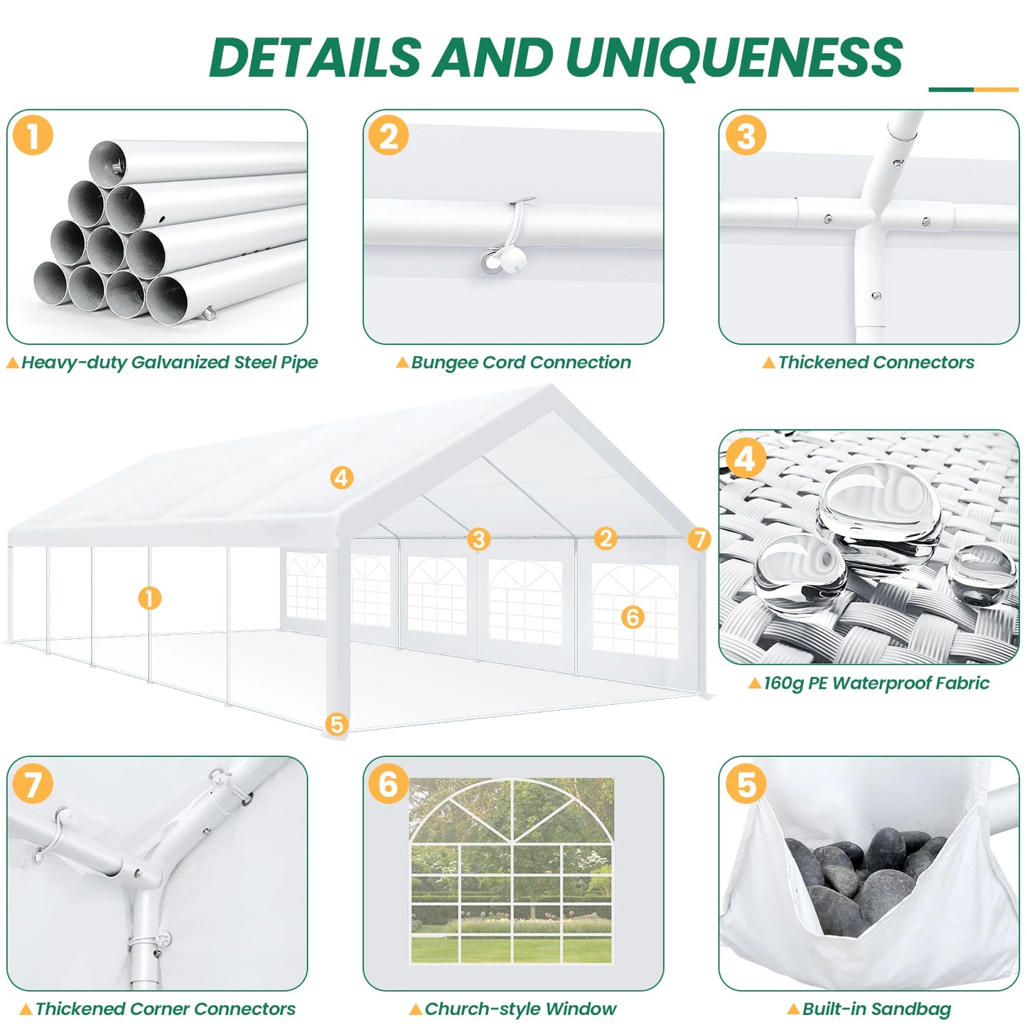 16x32 Heavy Duty Party Tent with 6 Removable Sidewalls & 4 Built-in Sandbag,