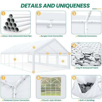 16x32 Heavy Duty Party Tent with 6 Removable Sidewalls & 4 Built-in Sandbag,