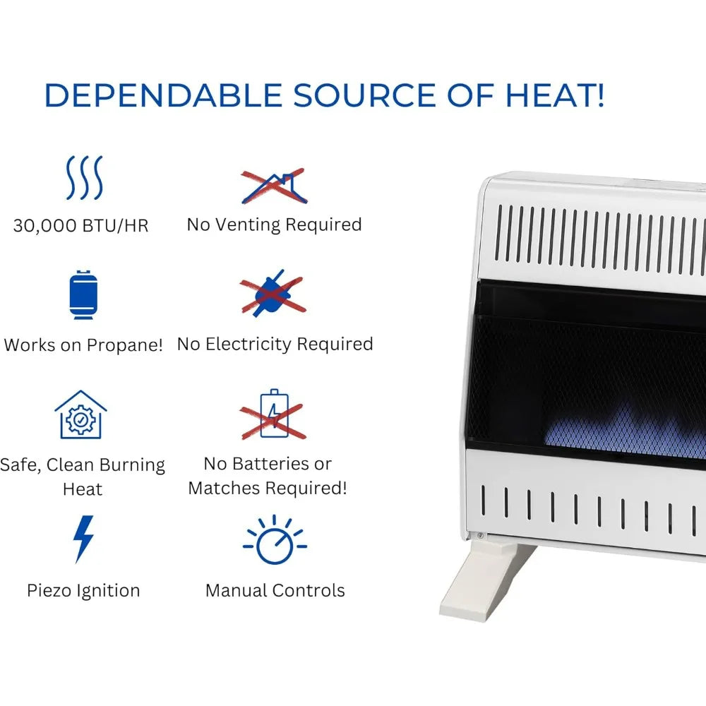 30,000 BTU Liquid Propane Blue Flame Heater, Ventless with Manual Control and Base Feet
