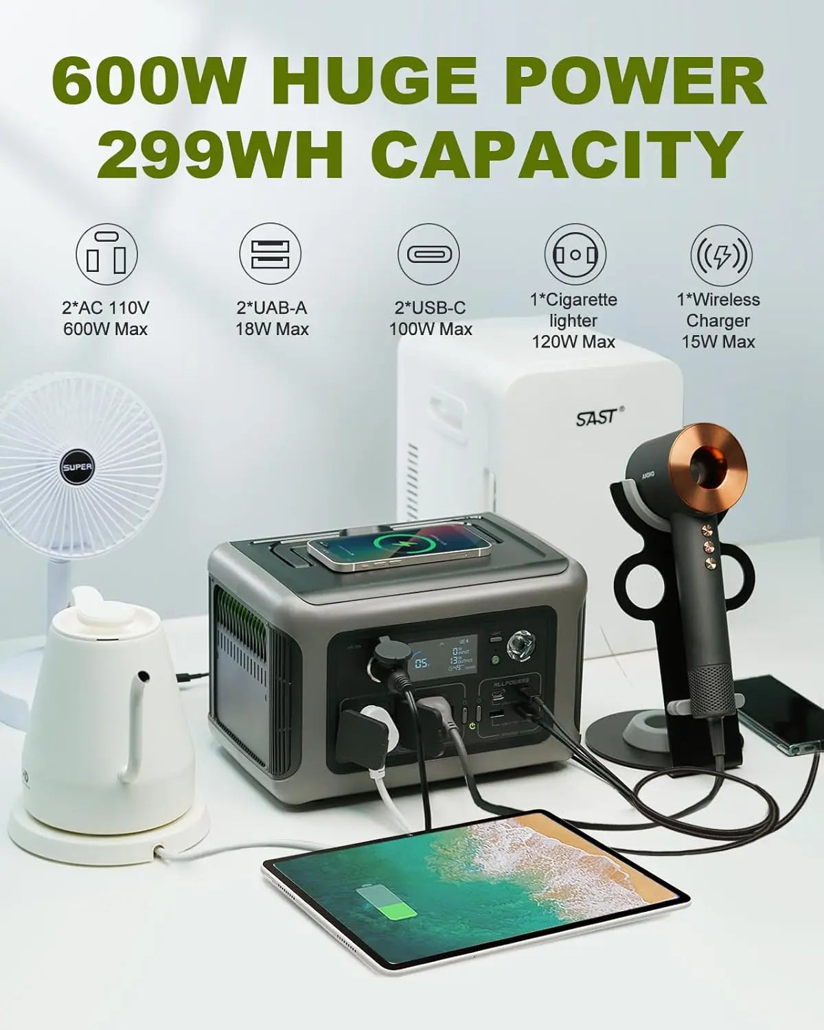 Portable (600W,1200WSurge) AC Power Station