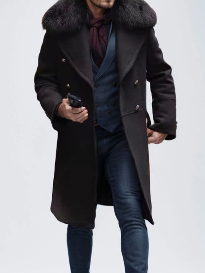 Men s Classic Double Breasted Trench Coat with Removable Fur Collar for Winter Warmth