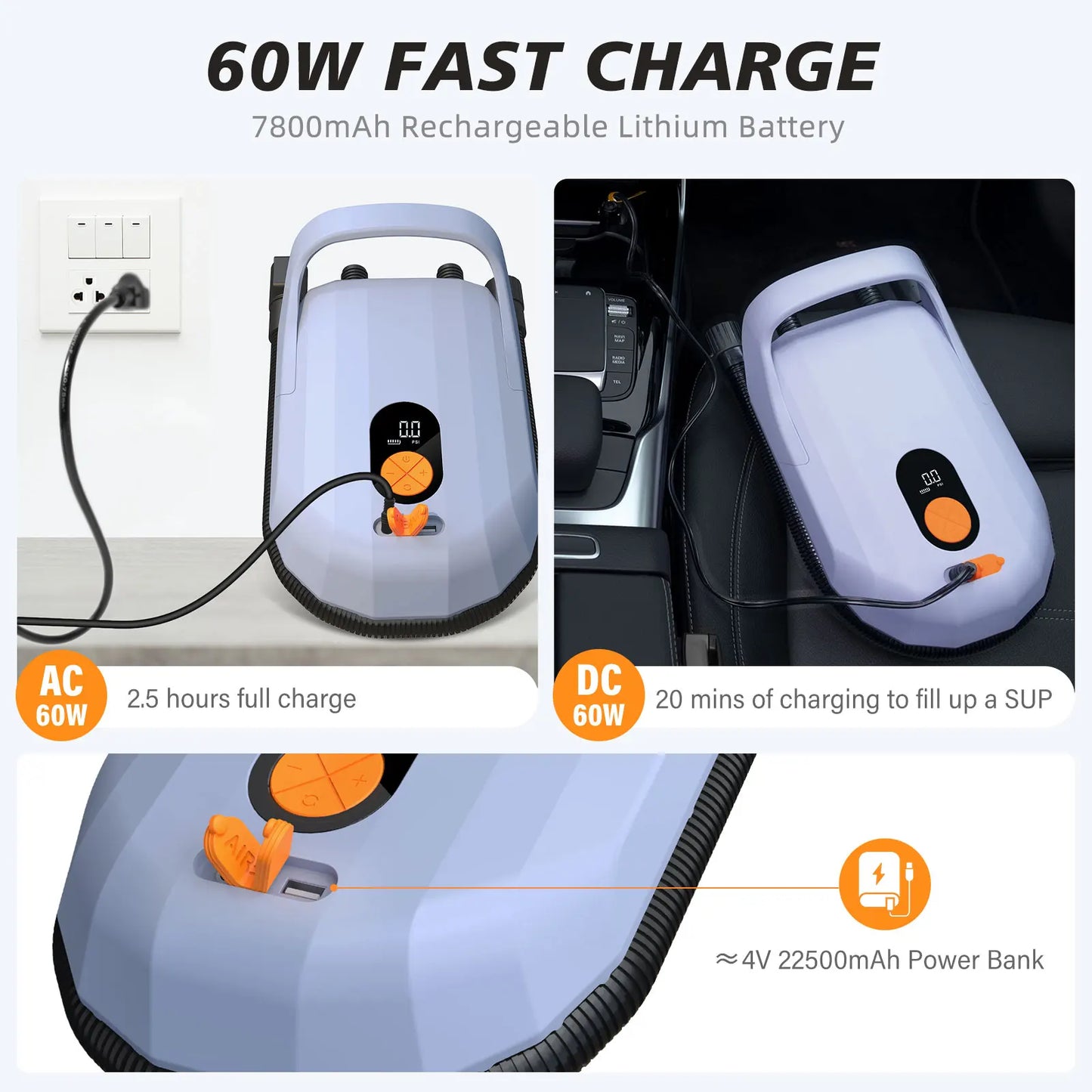 Electric Air Pump with Battery 7800 mAh 20 PSI Max Rechargeable 12 V DC Car Connection