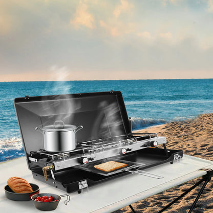 Portable Camping Stove with Griddle 3 Burner Propane Gas Stove Adjustable Windshield Folding for camping, barbecues, parties